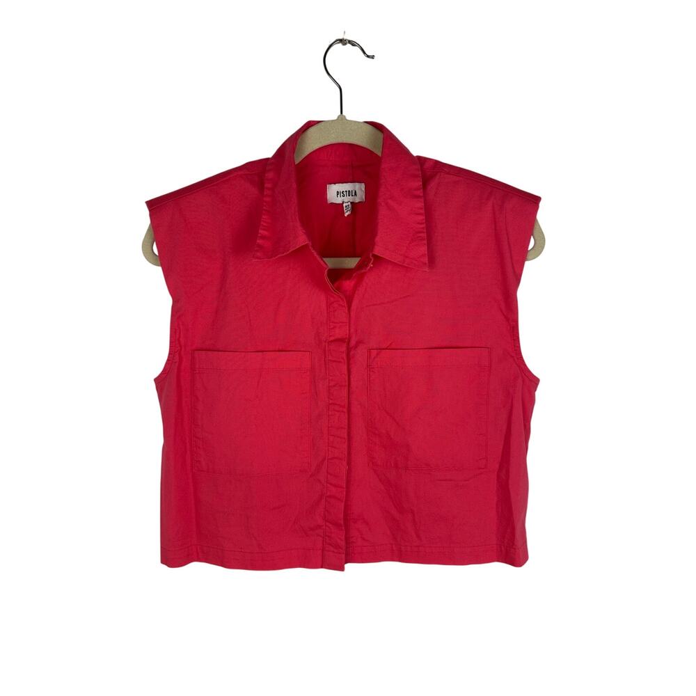 Pistola Women's Liam Sleeveless Button Down Shirt Pink Punch cropped boxy XS